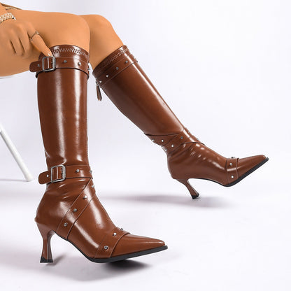 Women's Pointed Toe Knee High Heel Boots - VibreMode
