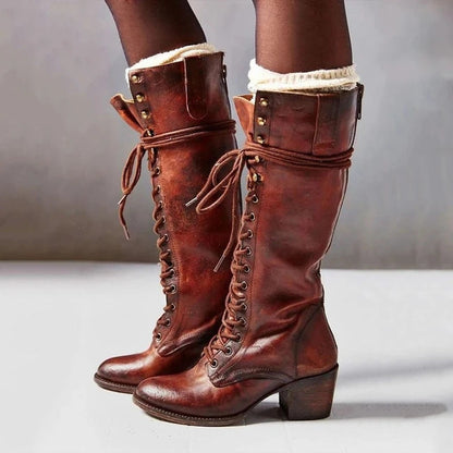 Women's Knee High Lace-Up Boots Chunky Heel Brown