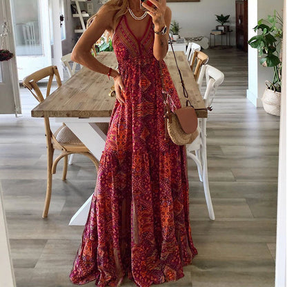Women's Elegant V Neck Flowy Maxi Dress