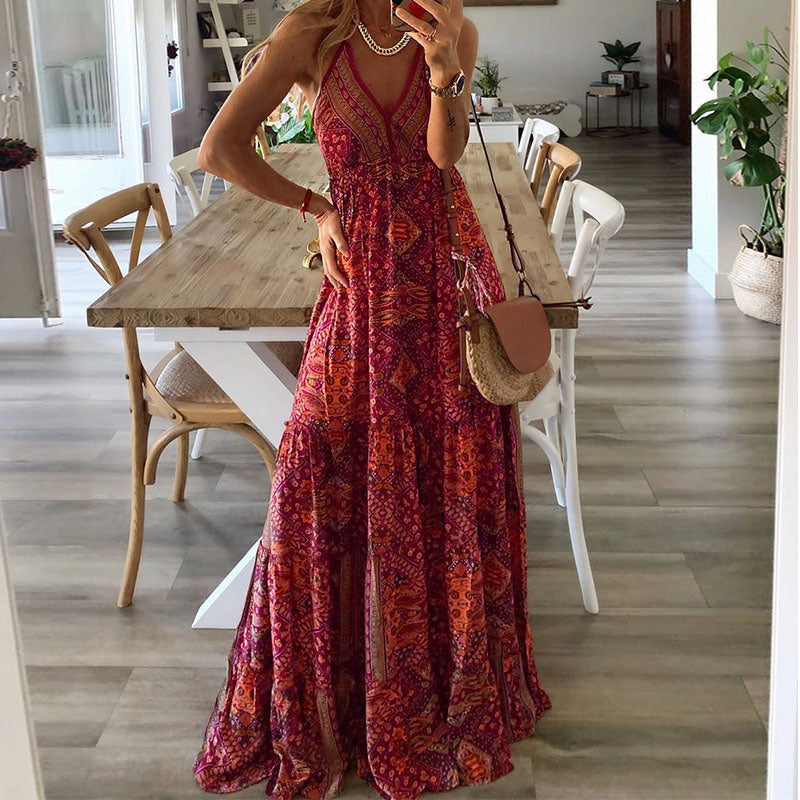 Women's V Neck Maxi Dress Flowy Boho Style