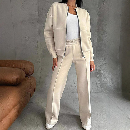 Women's Zipper Jacket And Wide Leg Pants Set - VibreMode