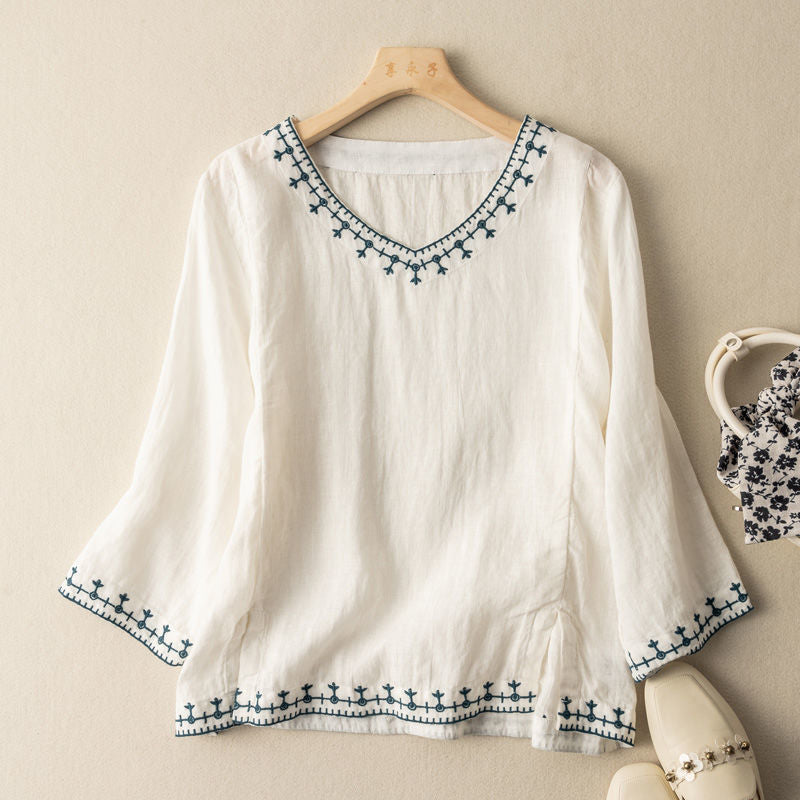 Women V-Neck Patterned Blouse - VibreMode