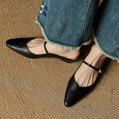 Women's Pointed Toe Flat Mules Single Strap Buckle Black