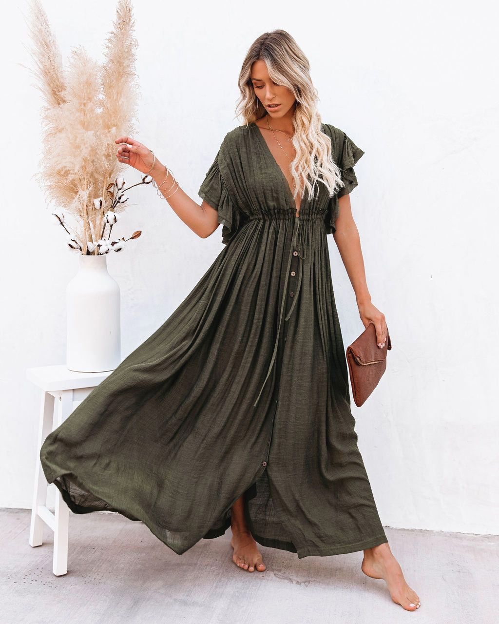 Women's Boho Beach Cover Up V Neck Flowy Dress