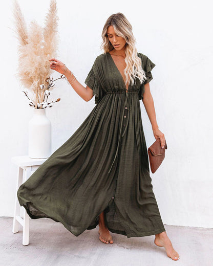 Women's Boho Beach Cover Up V Neck Flowy Dress