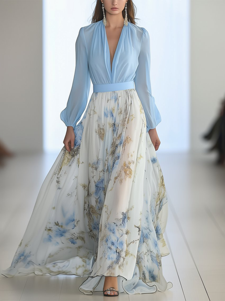 Women's Floral Print Long Sleeve Dress Skirt - VibreMode