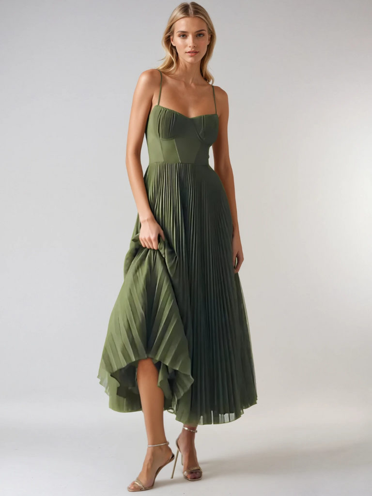 Women's Strappy Maxi Dress Pleated Skirt
