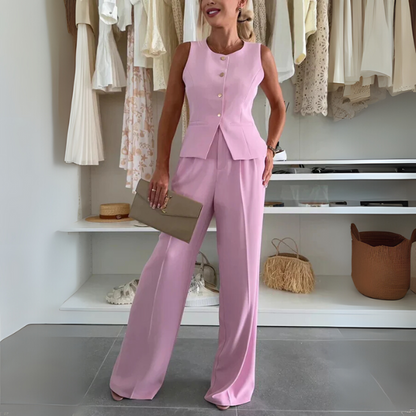 Women's Trousers And Vest Set Sleeveless Button