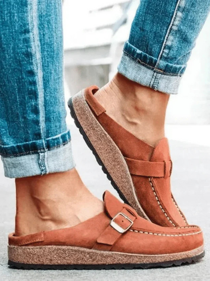 Women's Buckle Loafers Slip-On Leather Brown