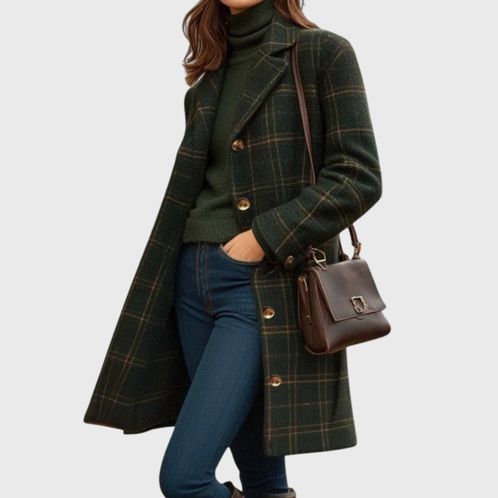 Women's Plaid Mid Length Coat Button Front - VibreMode