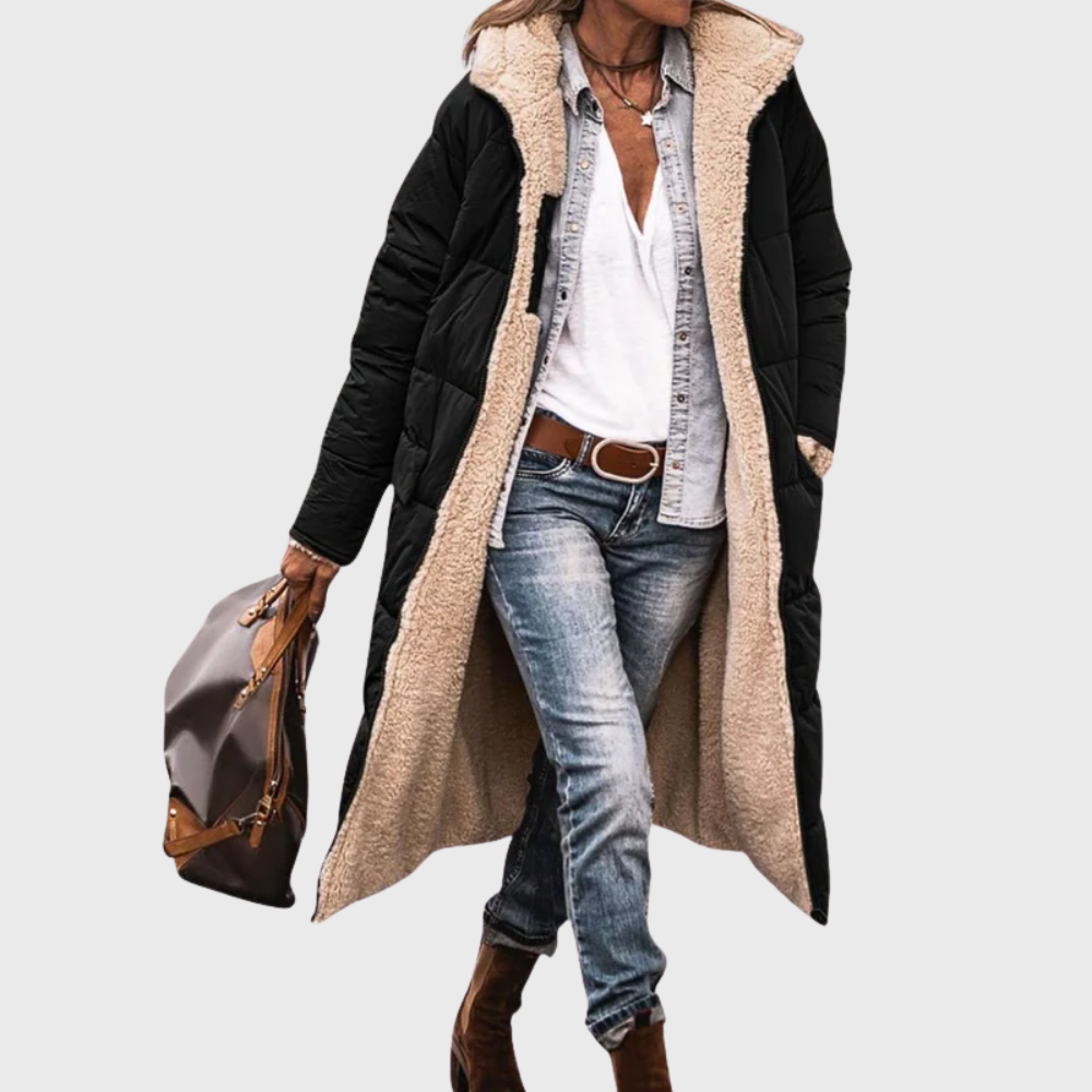 Women's Long Hooded Mid Length Coat - VibreMode