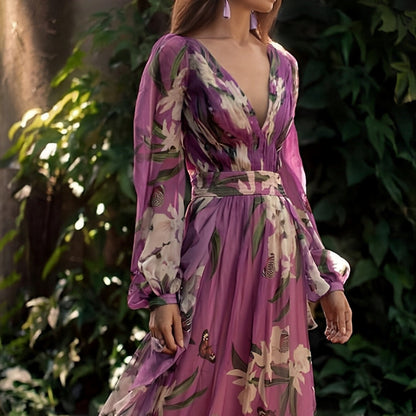 Women's Floral Maxi Dress V-Neck Balloon Sleeves