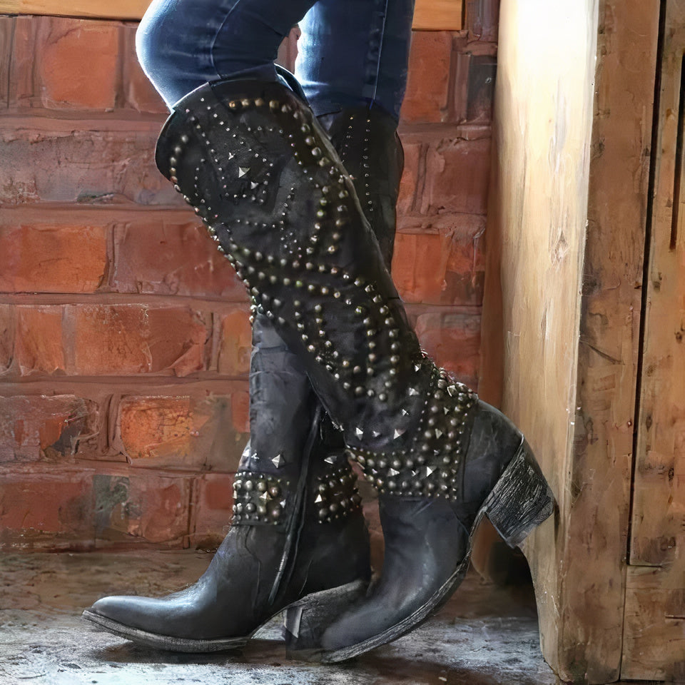 Women's Knee High Cowboy Boots Rivet Detail Chunky Heel Side Zip Black