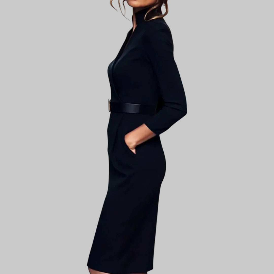 Women's Midi Sheath Dress Belted Refined Collar