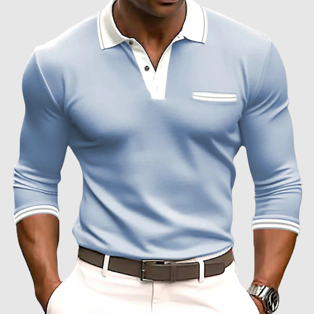 Men's Long Sleeve Polo Shirt Contrast Collar - VibreMode