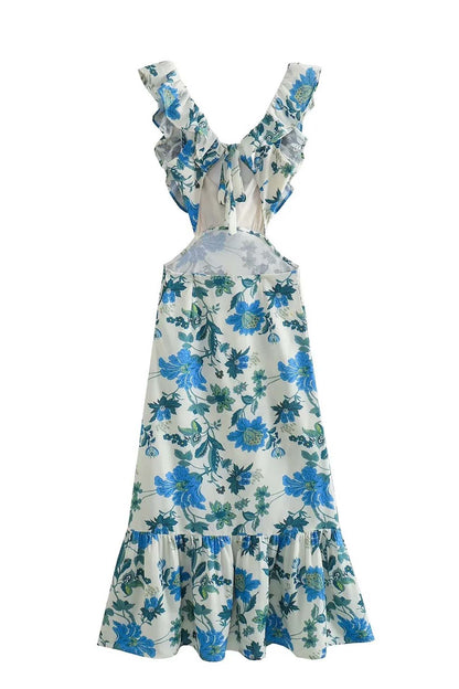Women's Floral Midi Dress V-Neck Ruffle Strap
