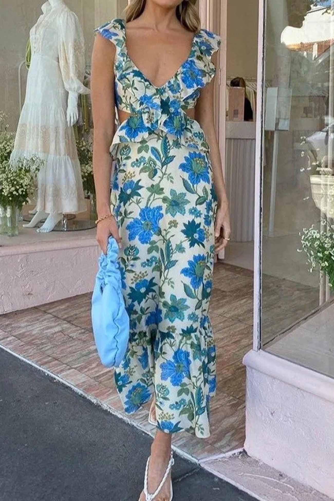 Women's Floral Midi Dress V-Neck Ruffle Strap - VibreMode