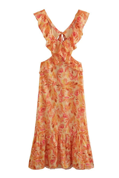 Women's Floral Midi Dress V-Neck Ruffle Strap