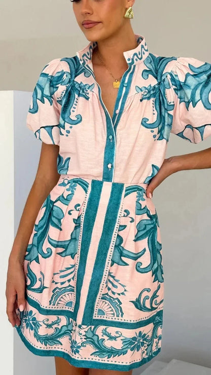 Women's Cute Floral Mini Dress with Puff Sleeves