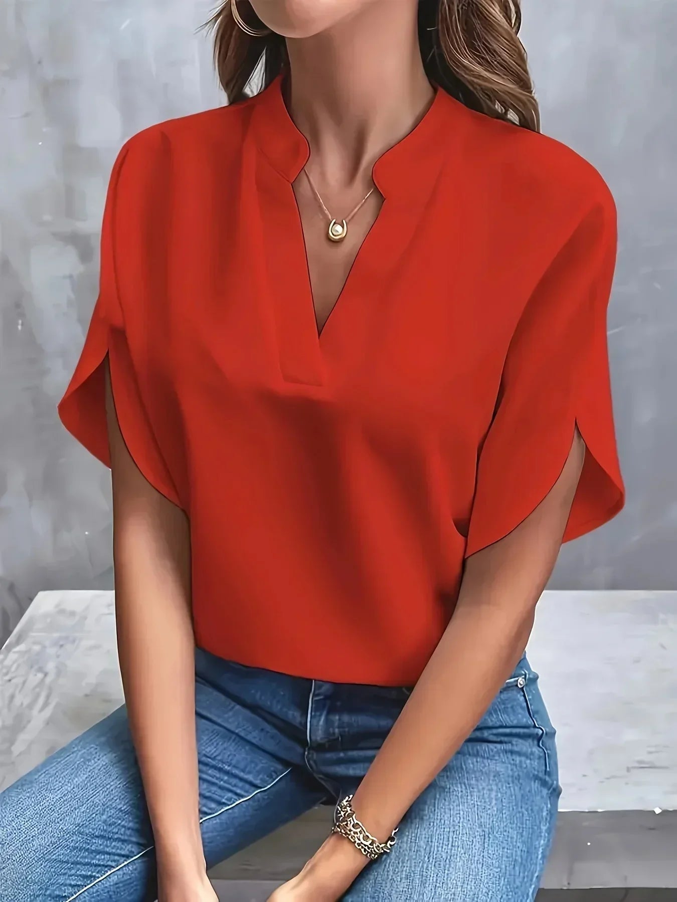 Women's Short Sleeve Blouse Split Neckline