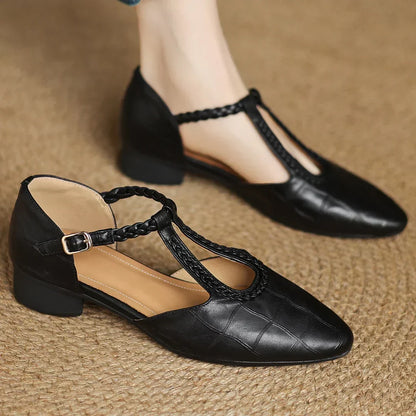 Women's Leather Mary Jane Flats Pointed Toe Black