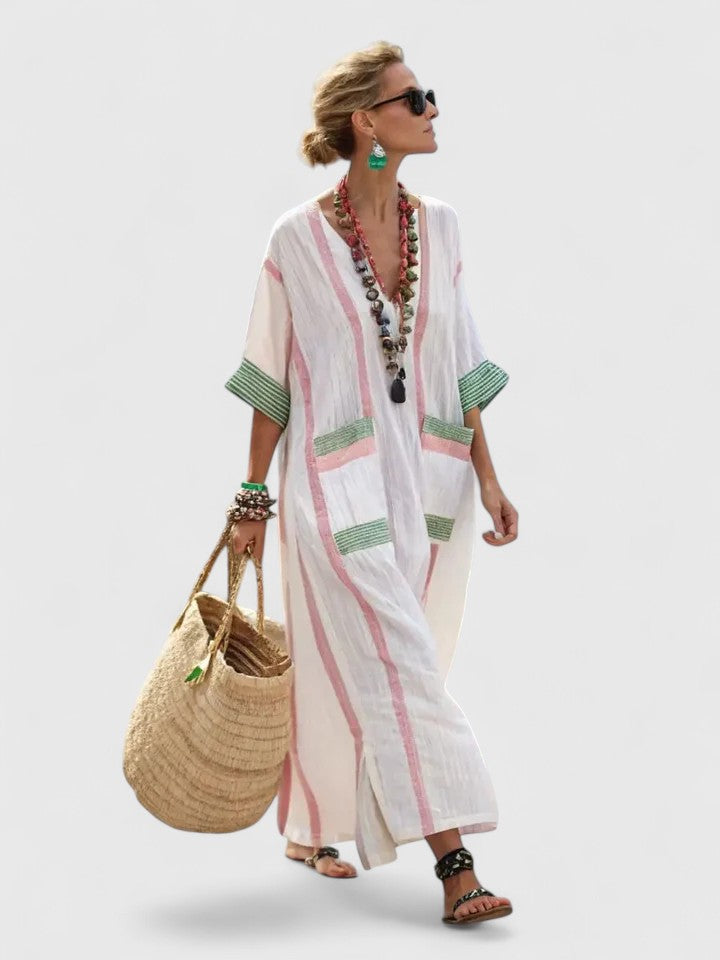 Women's V-Neck Maxi Dress Stripe Detail - VibreMode