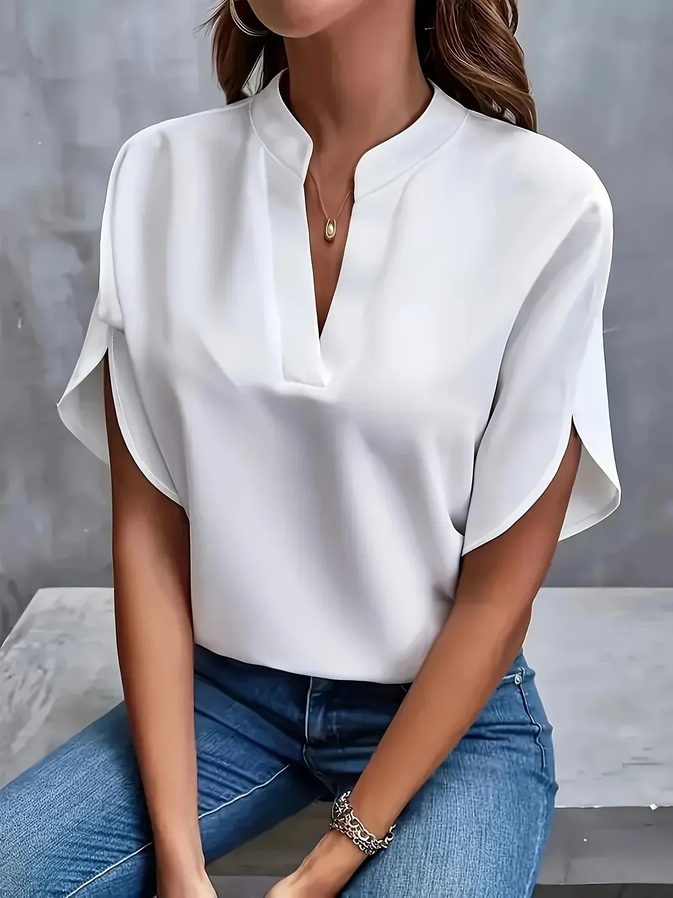 Women's Short Sleeve Blouse Split Neckline