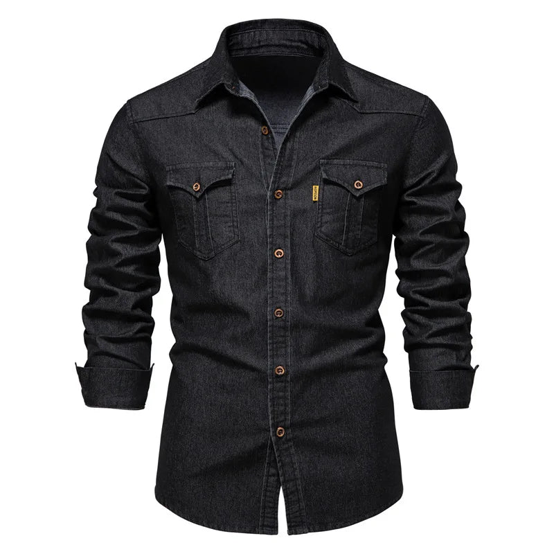Men's Long Sleeve Button Shirt Cotton Contrast Dual Pocket