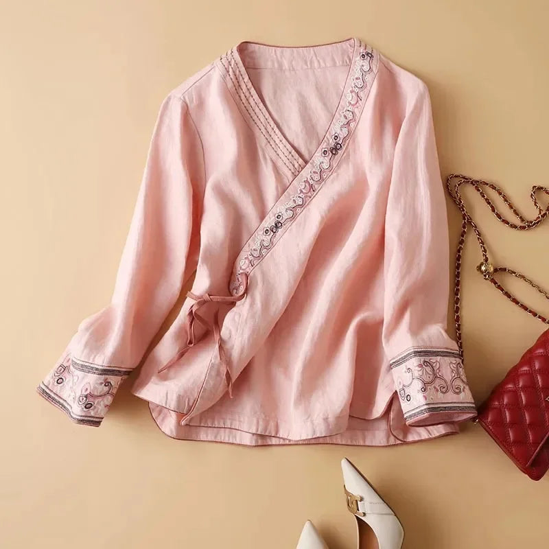 Women's Embroidered V-Neck Blouse - VibreMode