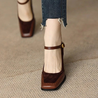 Women's Block Heel Pumps Ankle Strap Brogue