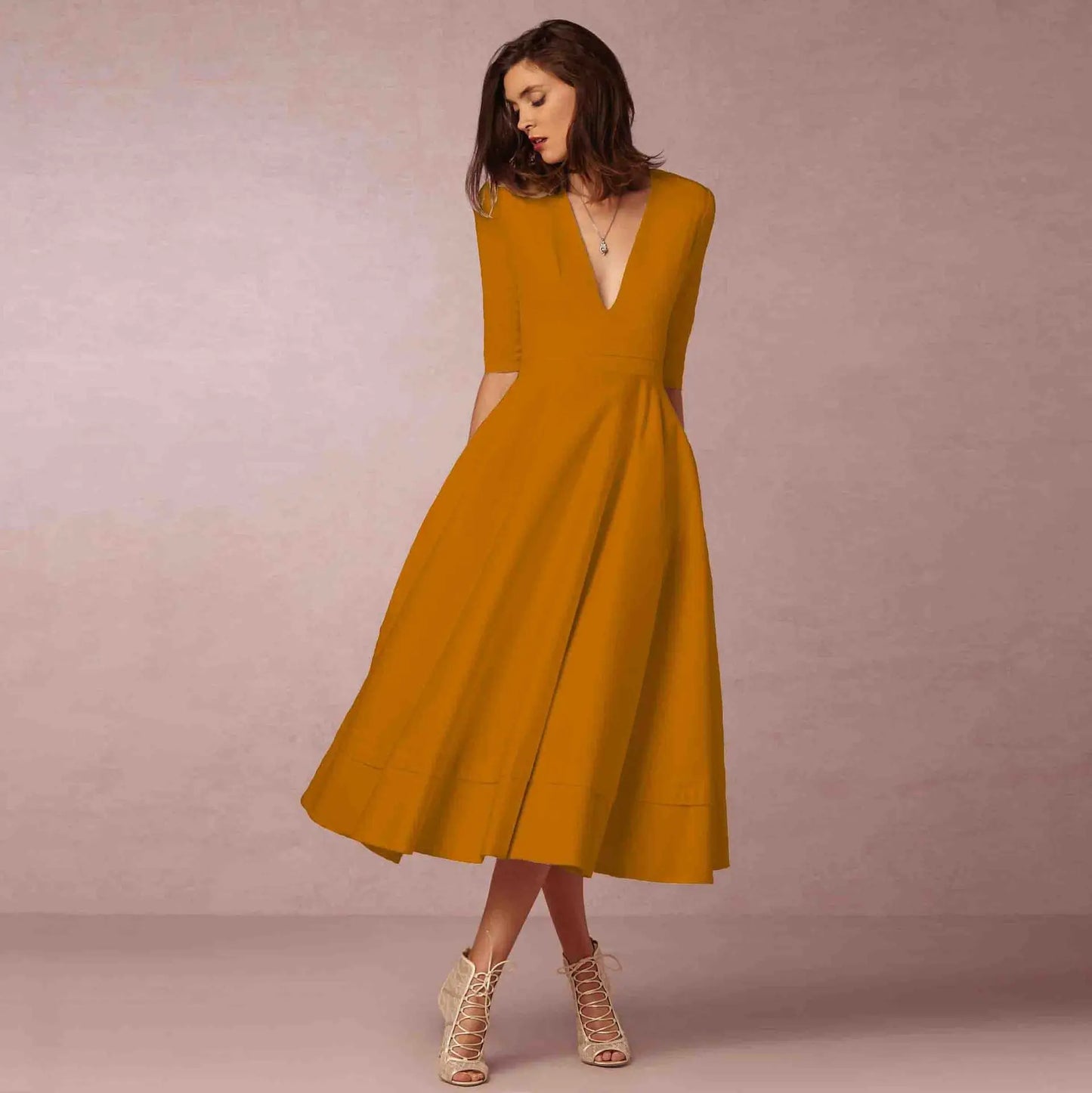 Women's Deep V Neck Midi Dress Half Sleeves Flared Skirt