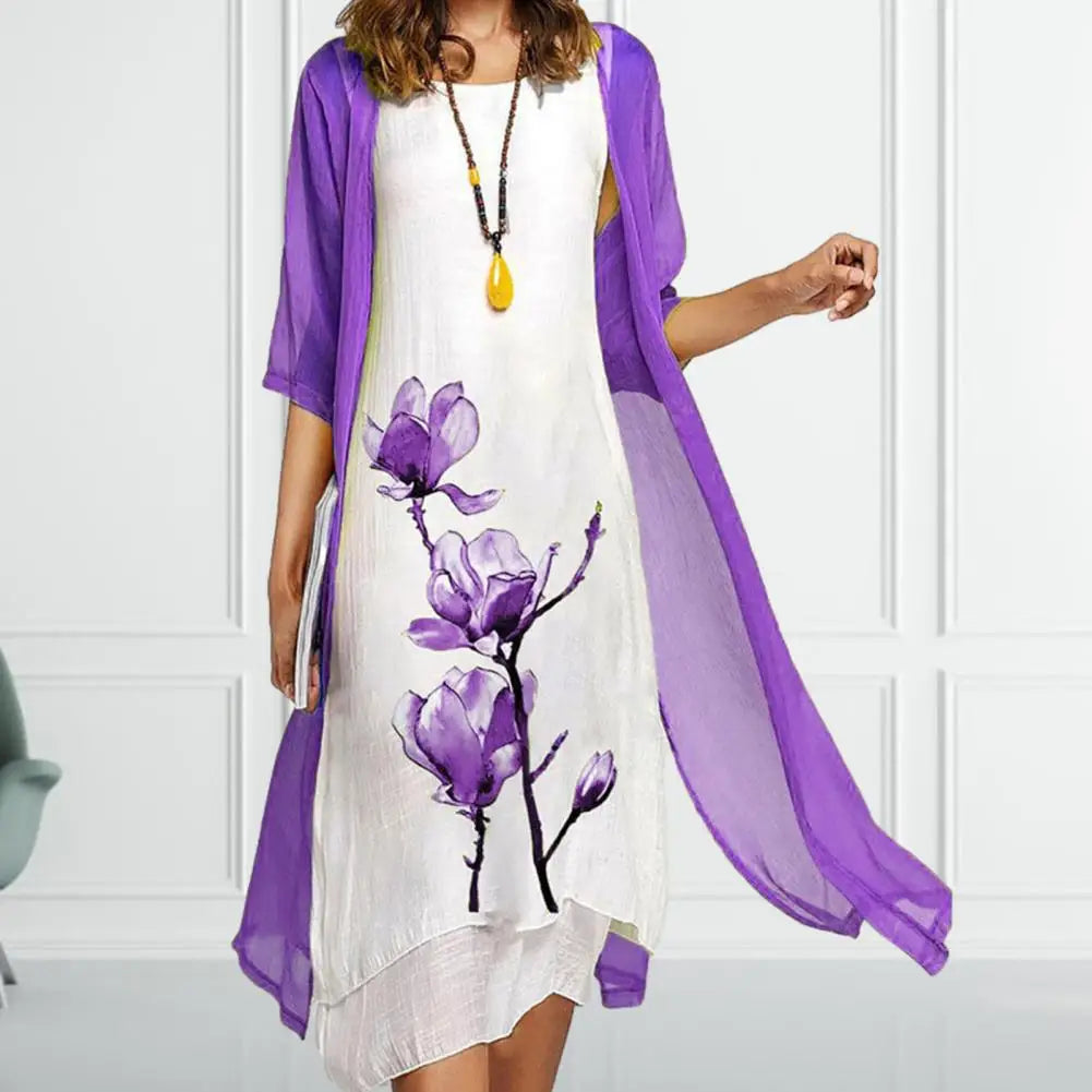 Women's Floral 2 Piece Dress Set Sheer Cardigan