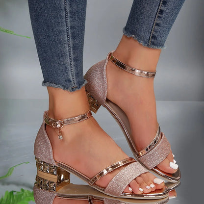 Elegant High Heel Ankle Strap Sandals with Gold Buckle