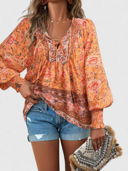 Women's V-Neck Puff Sleeve Blouse Floral Print