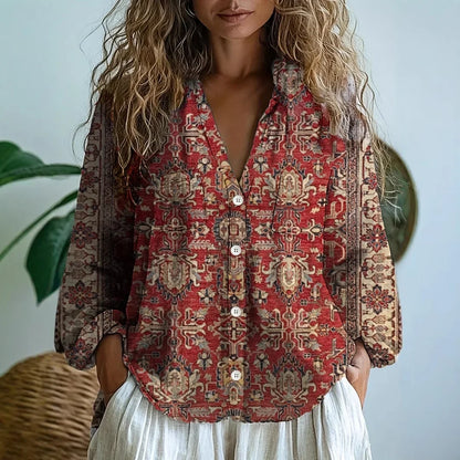Women's Nature Print Blouse Split V-Neck