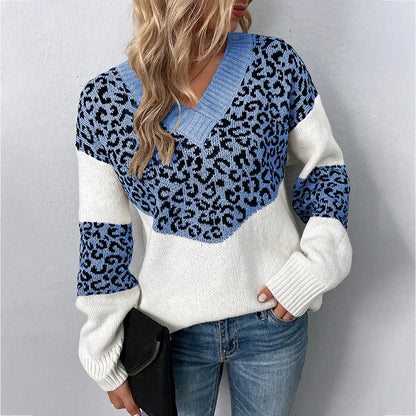 Women's V-Neck Sweater Leopard Print