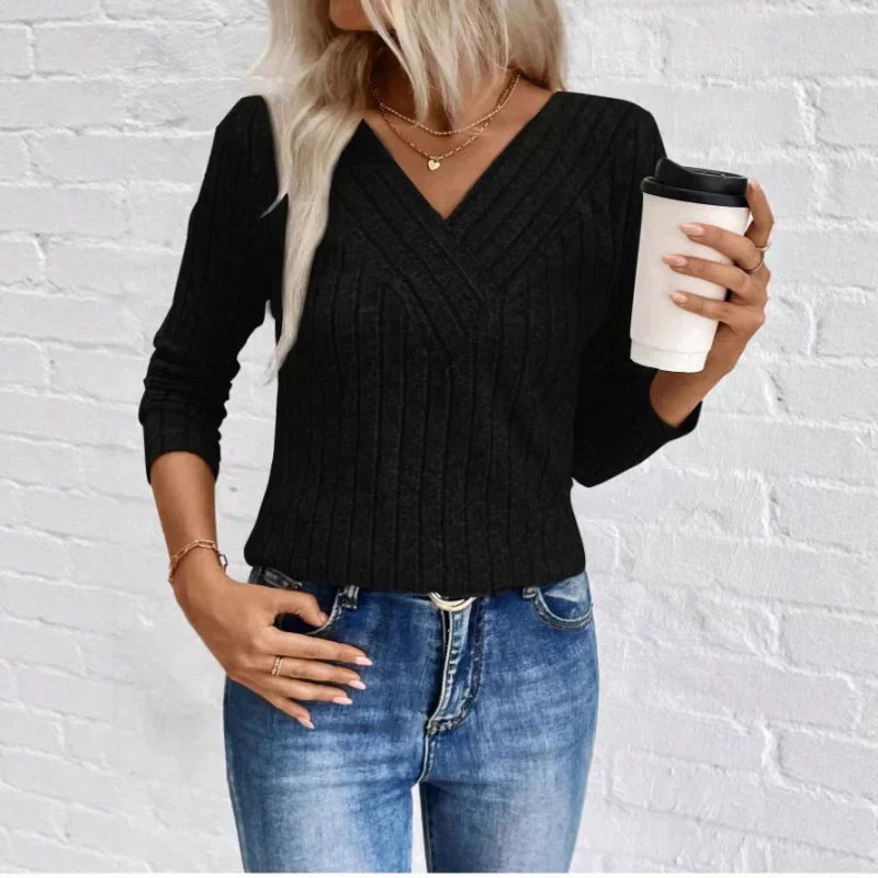 Women's V Neck Sweater Ribbed Texture