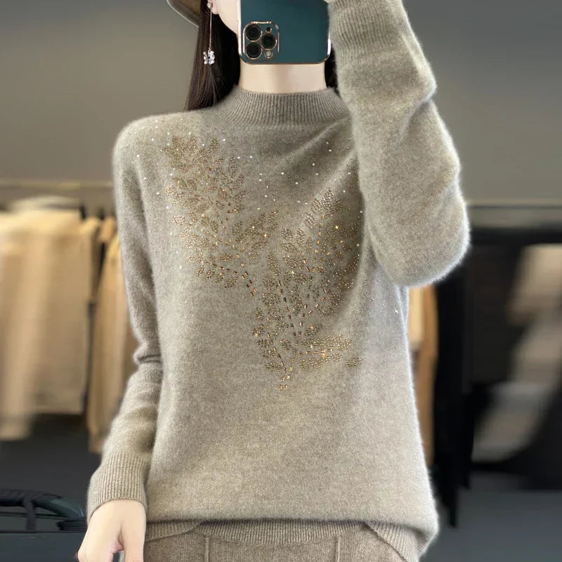 Women's Embellished Sweater Leaf Design
