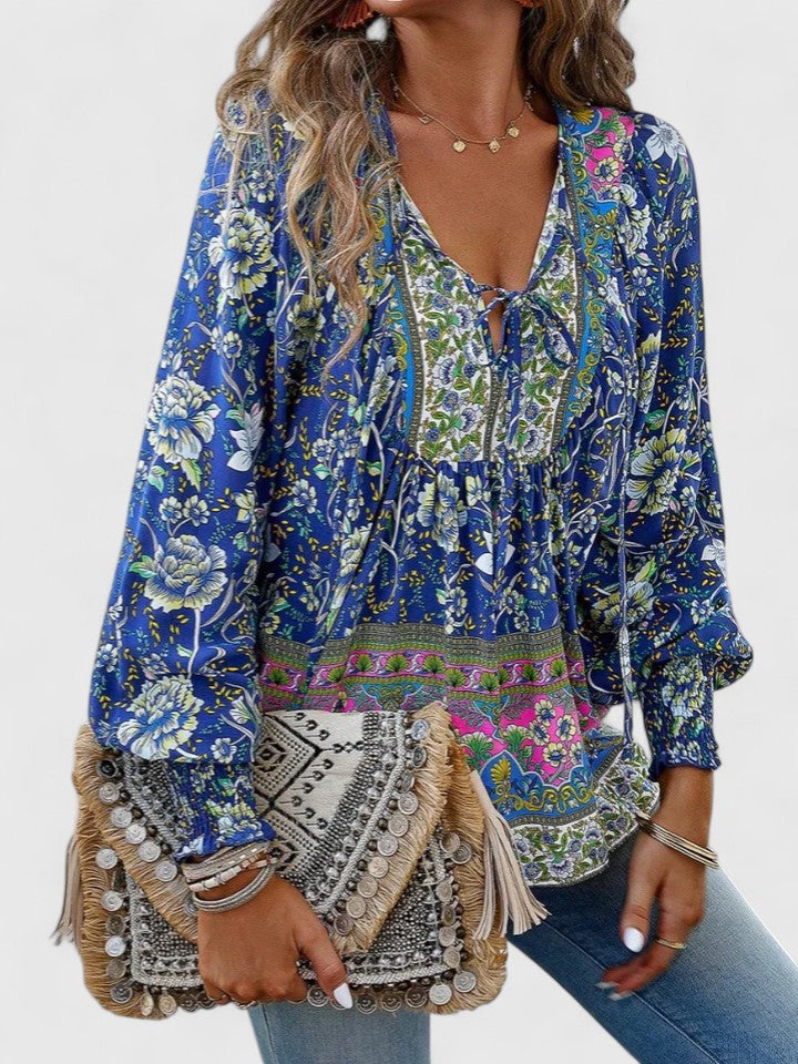 Women's V-Neck Puff Sleeve Blouse Floral Print