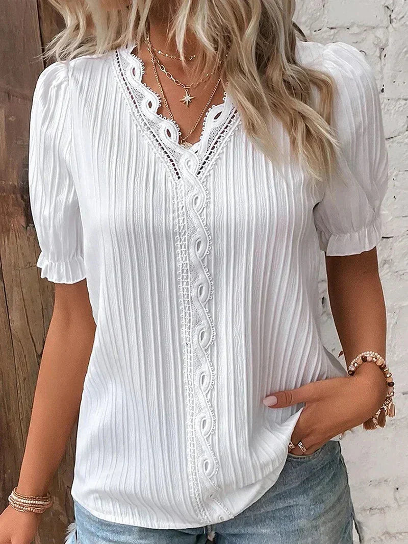 Women's Lace Trim Puff Sleeve Blouse - VibreMode