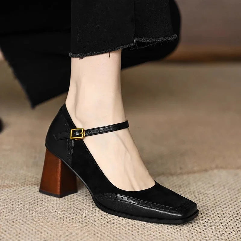Women's Block Heel Pumps Ankle Strap Brogue