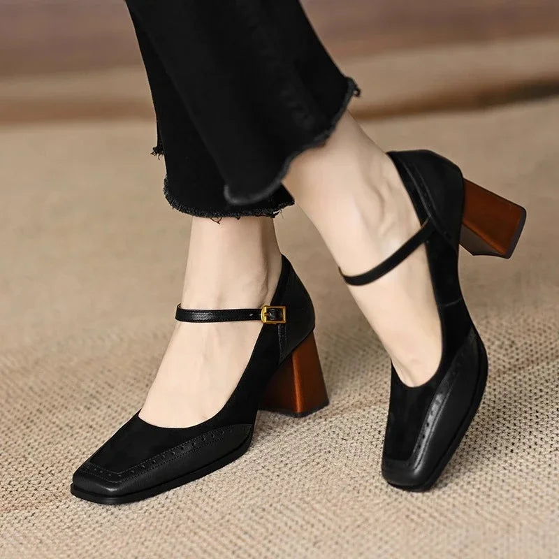 Women's Block Heel Pumps Ankle Strap Brogue
