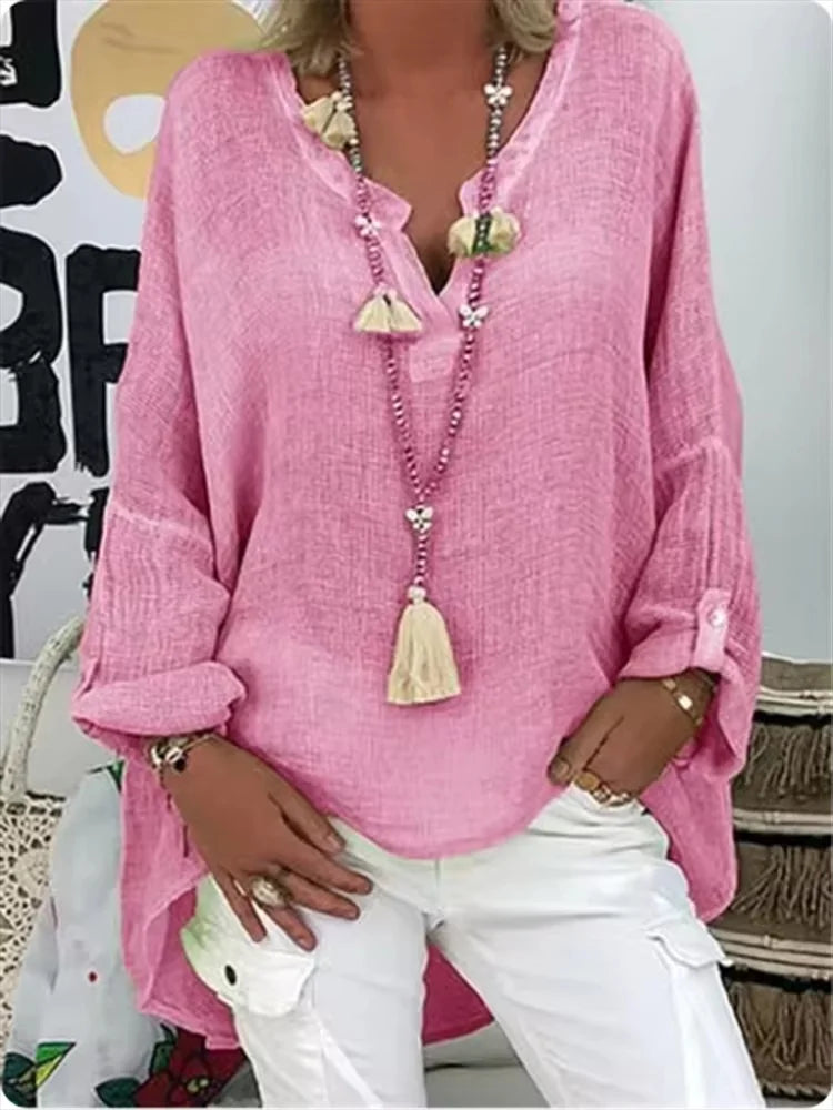 Women's Relaxed Fit V-Neck Blouse Long Sleeve