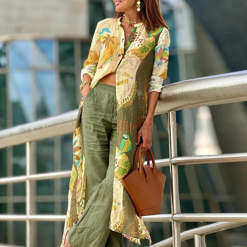 Women's Two Piece Set Collared Neck Wide Leg Pants - VibreMode