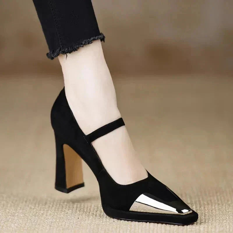 Serena Women's Block Heel Mary Jane Pumps Cap Toe Strap