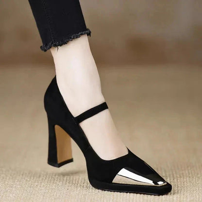 Serena Women's Block Heel Mary Jane Pumps Cap Toe Strap
