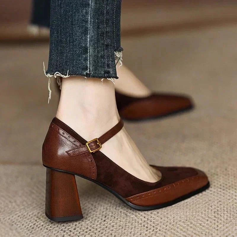 Women's Block Heel Pumps Ankle Strap Brogue - VibreMode