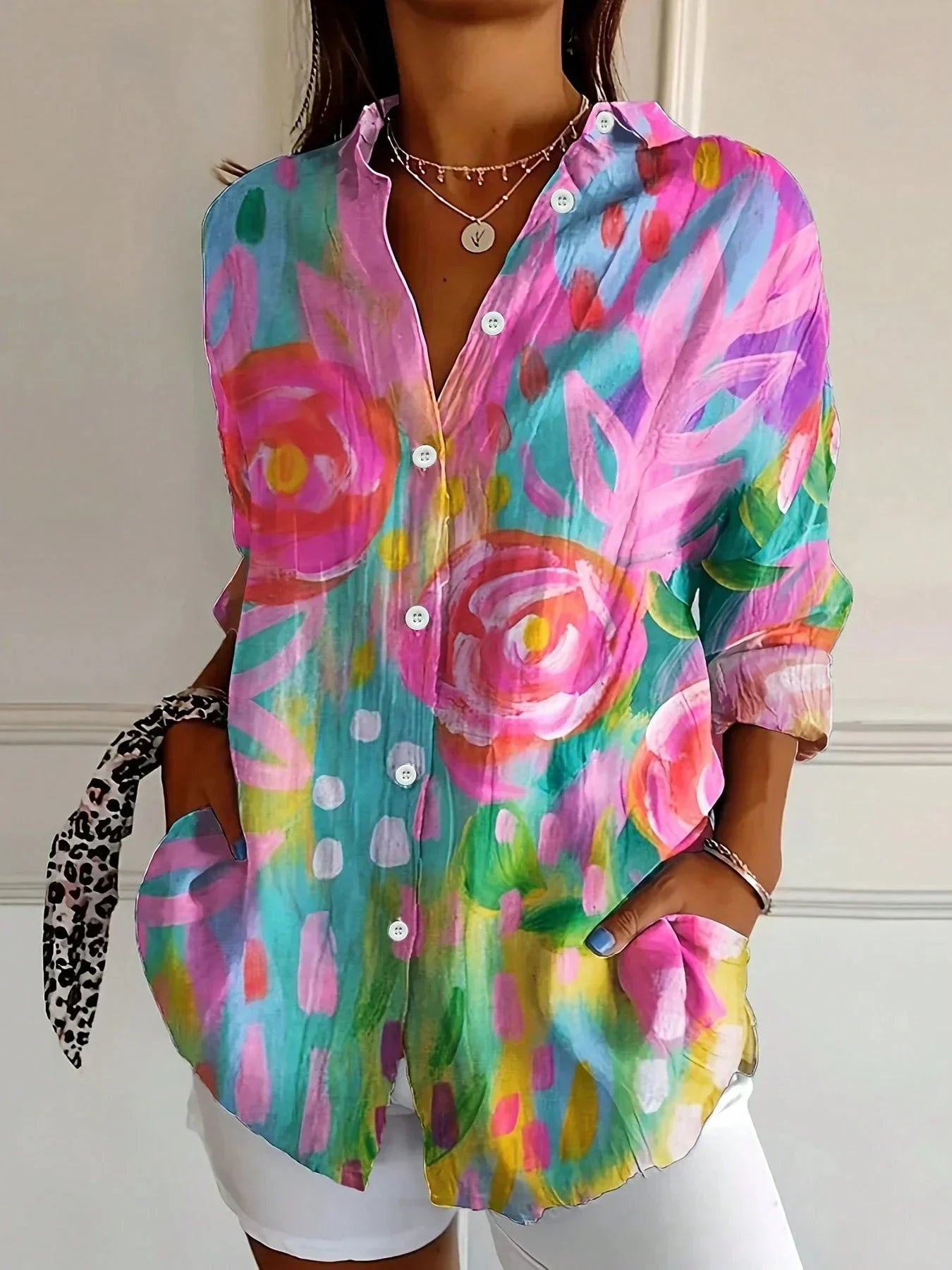 Women's Button Front Printed Blouse - VibreMode