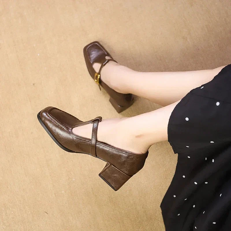 Women's Block Heel Mary Jane Shoes Gold Buckle