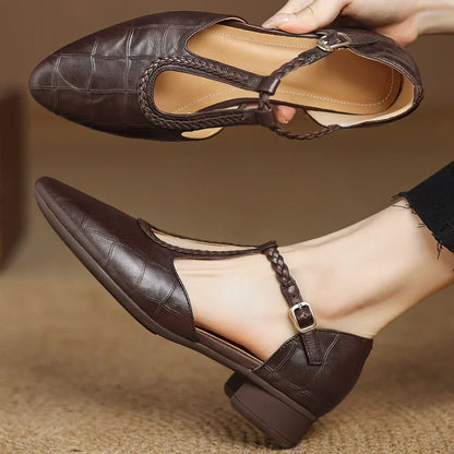 Women's Leather Mary Jane Flats Pointed Toe Black